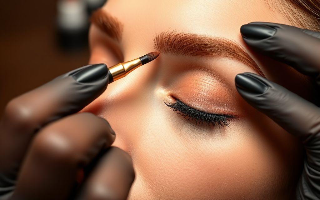 Brow lamination and hybrid tint being applied