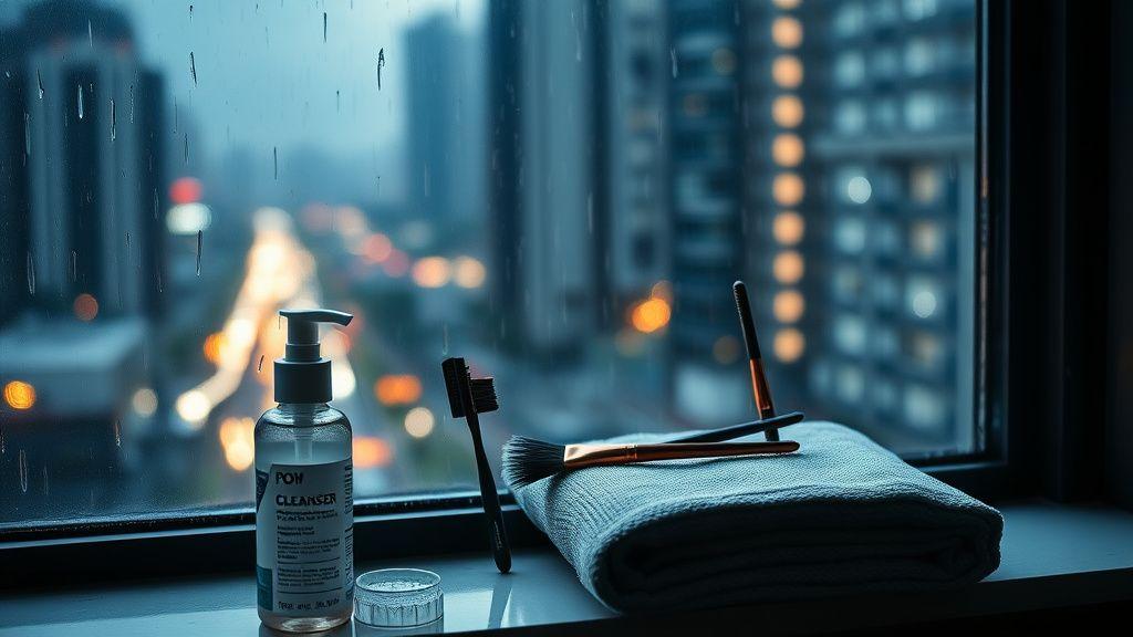 Lash aftercare products on a windowsill during a Kuala Lumpur downpour