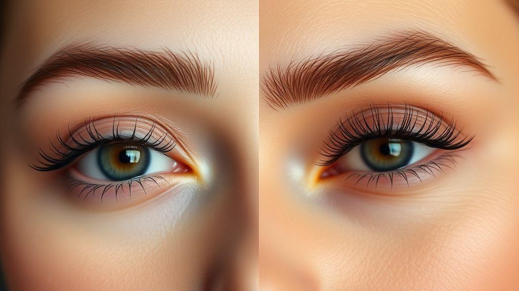 Side by side comparison of a lash lift and lash extensions