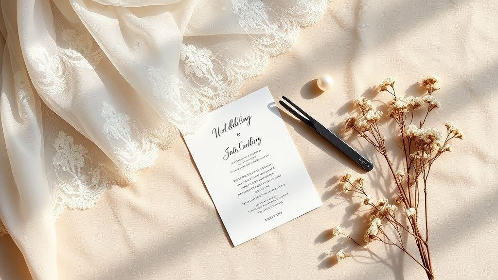 Bridal beauty preparation flat lay with veil and lash tools