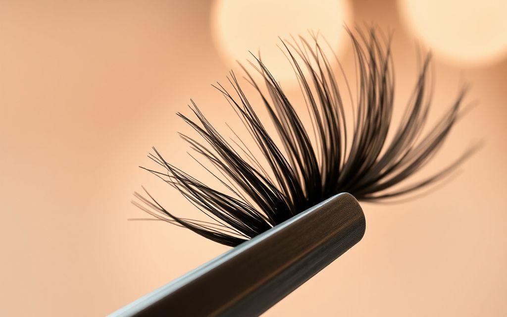 Artist rolling a handmade volume fan at the lash bed