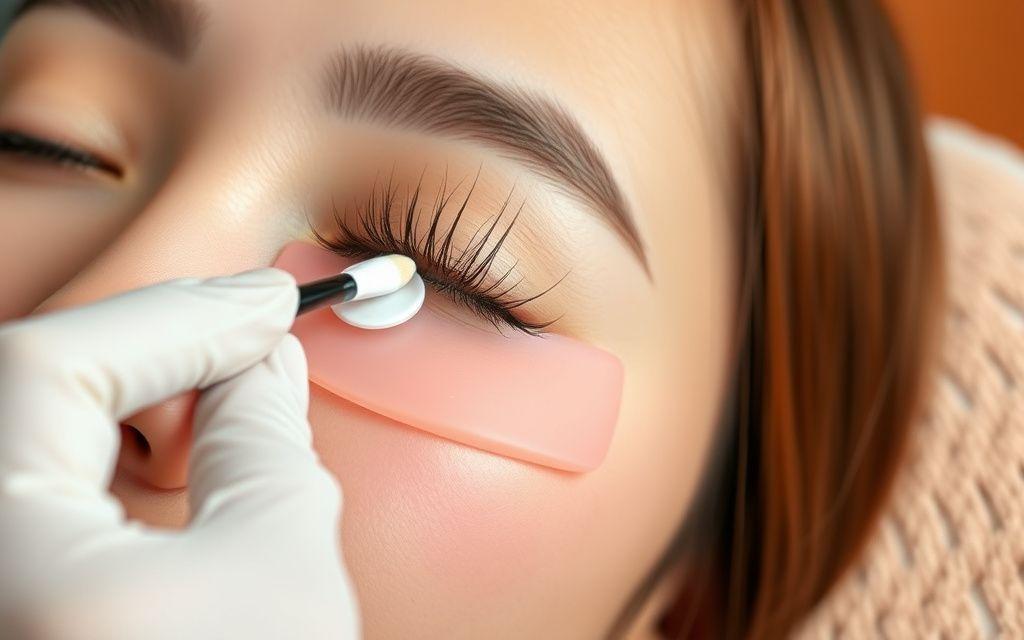 Korean lash lift in progress on a silicone shield
