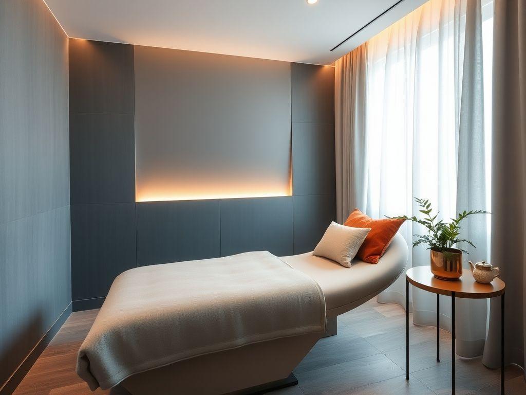 Calm treatment lounge at Fernsmith with soft linen day beds and warm lighting