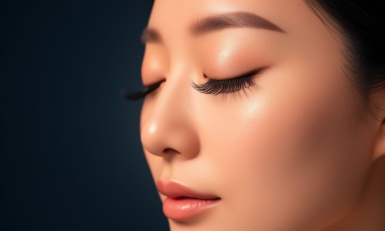 Close-up of a model with wispy handmade lash extensions in soft studio light